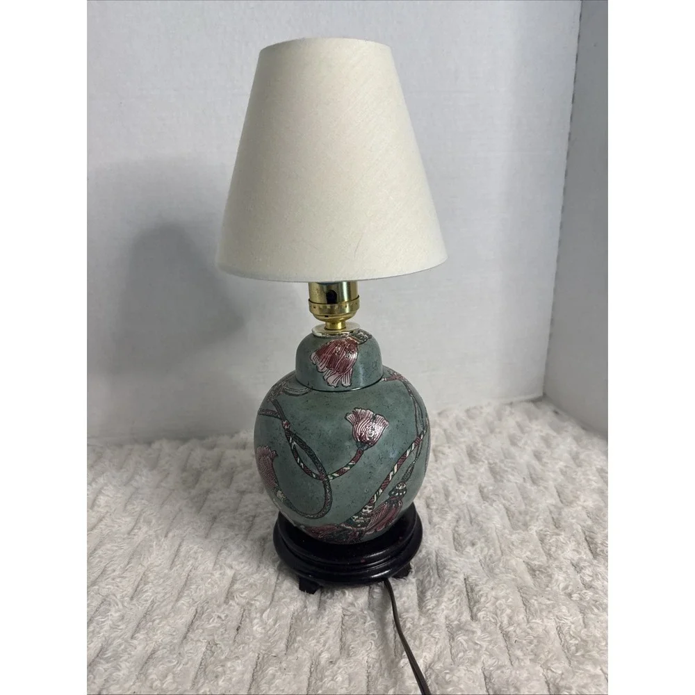 VTG Moss Teal Pink Tassel Asian Ginger Jar Tabletop Lamp Cottagecore & Shade